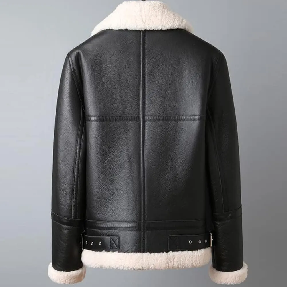 Denny&Dora Mens Shearling Jacket Mens Shearling Aviator Jacket Thick Warm Winter Black Shearling Jacket