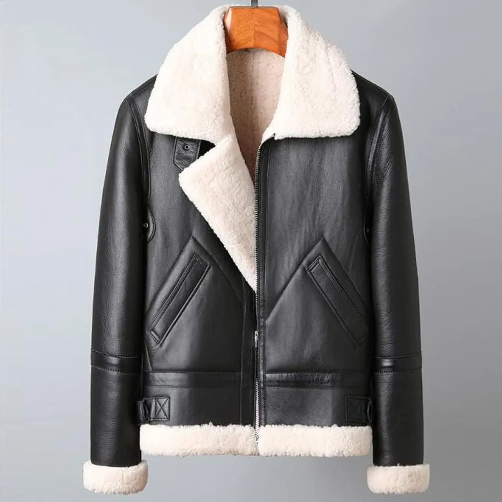 Denny&Dora Mens Shearling Jacket Mens Shearling Aviator Jacket Thick Warm Winter Black Shearling Jacket