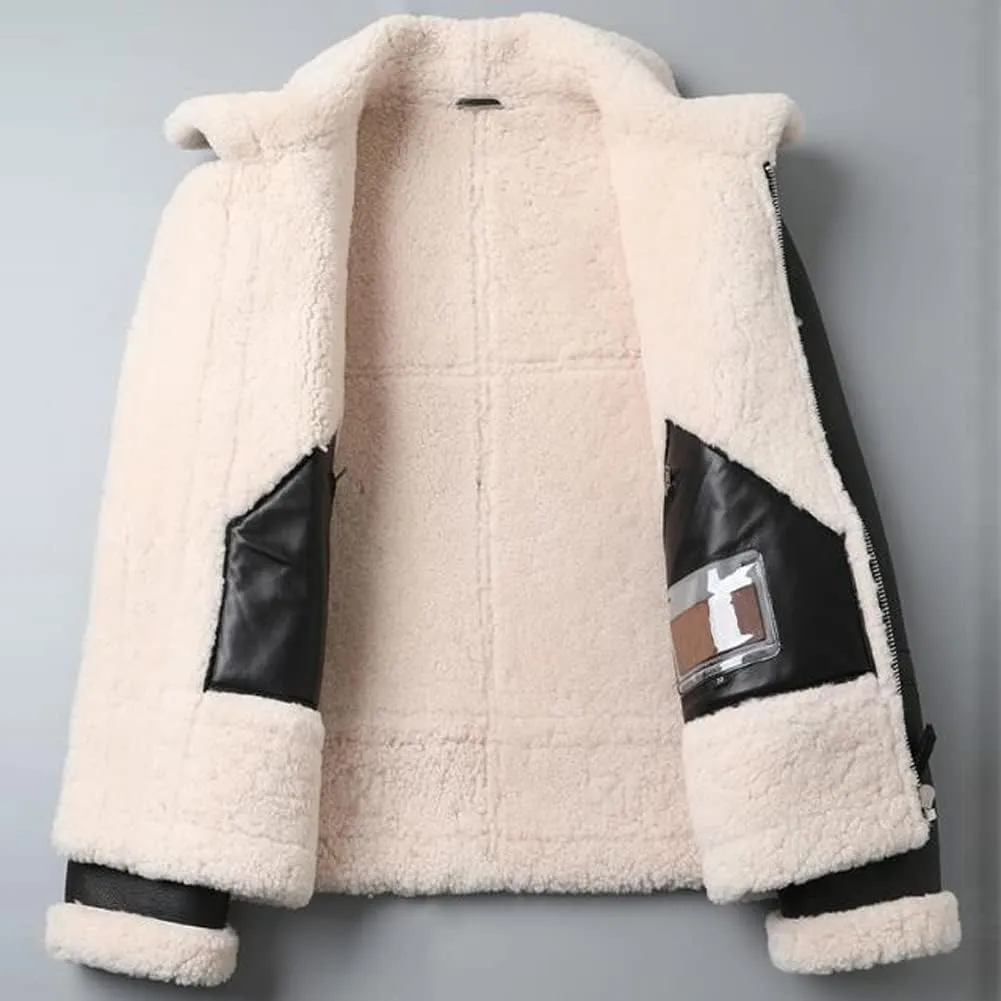 Denny&Dora Mens Shearling Jacket Mens Shearling Aviator Jacket Thick Warm Winter Black Shearling Jacket