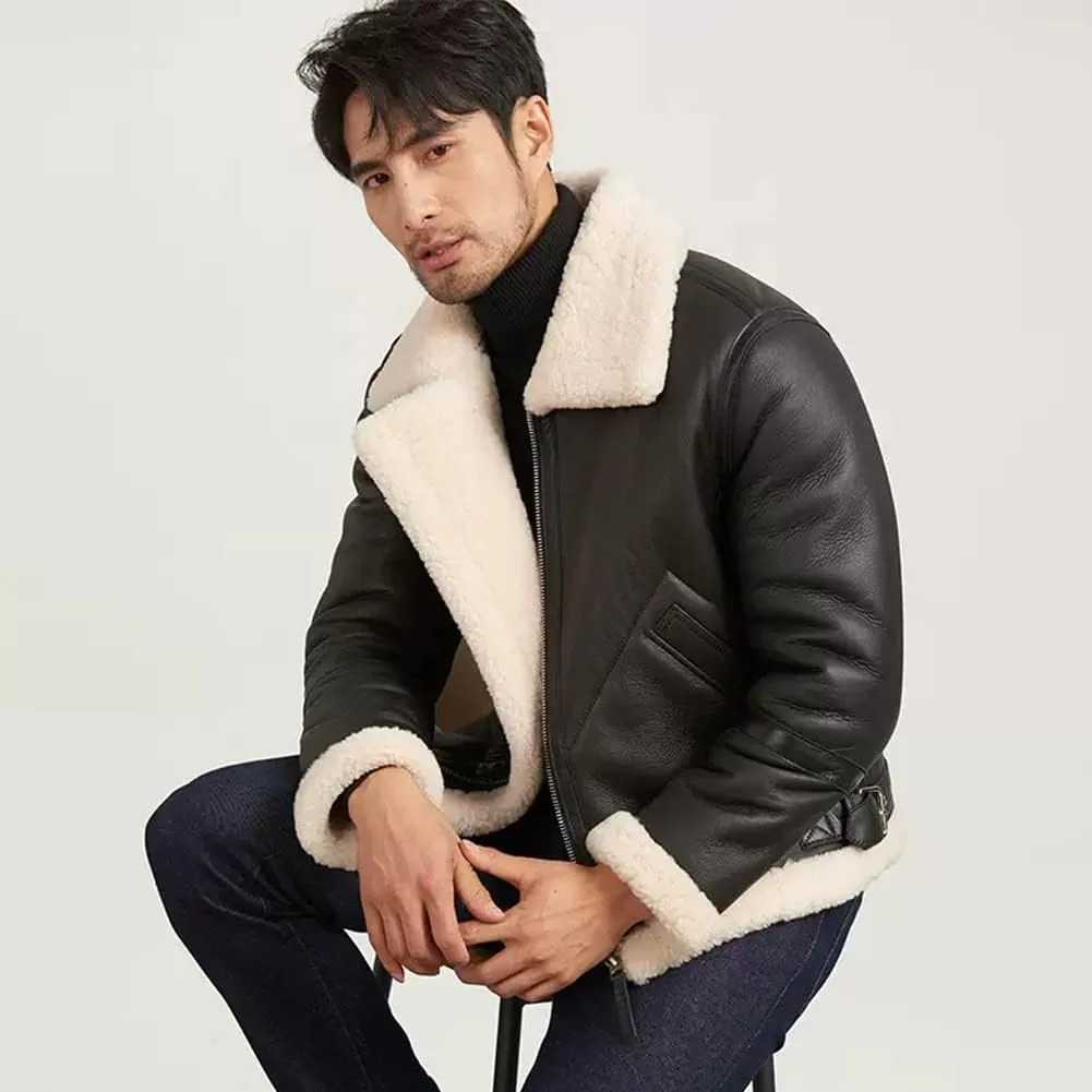 Denny&Dora Mens Shearling Jacket Mens Shearling Aviator Jacket Thick Warm Winter Black Shearling Jacket