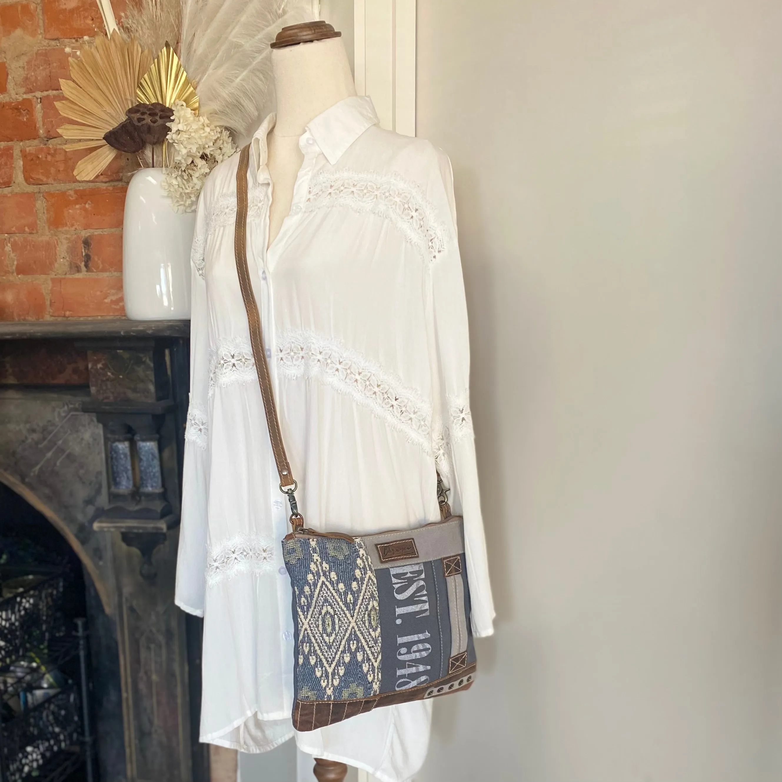 Diamond Blue Boho Canvas n Leather Bag