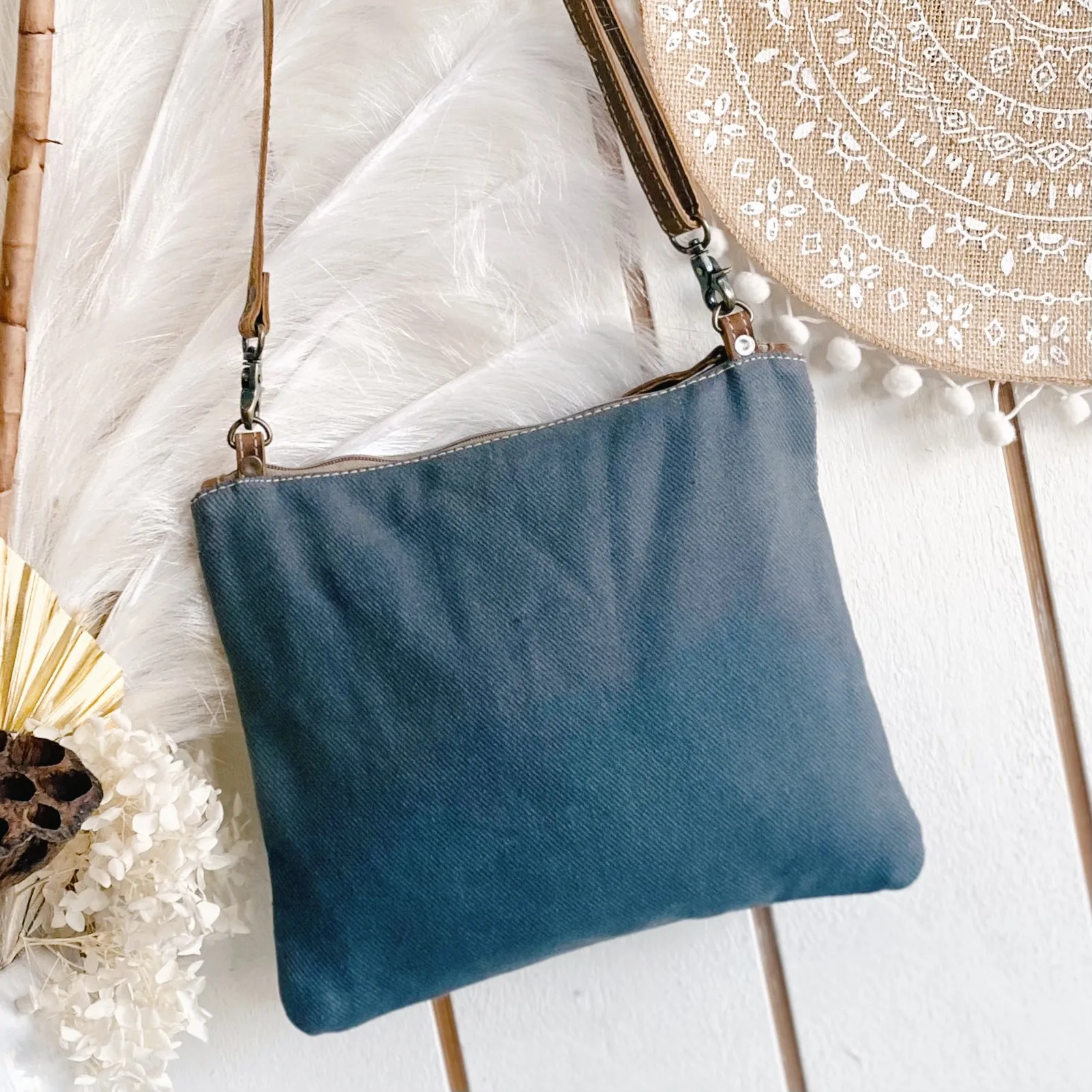Diamond Blue Boho Canvas n Leather Bag
