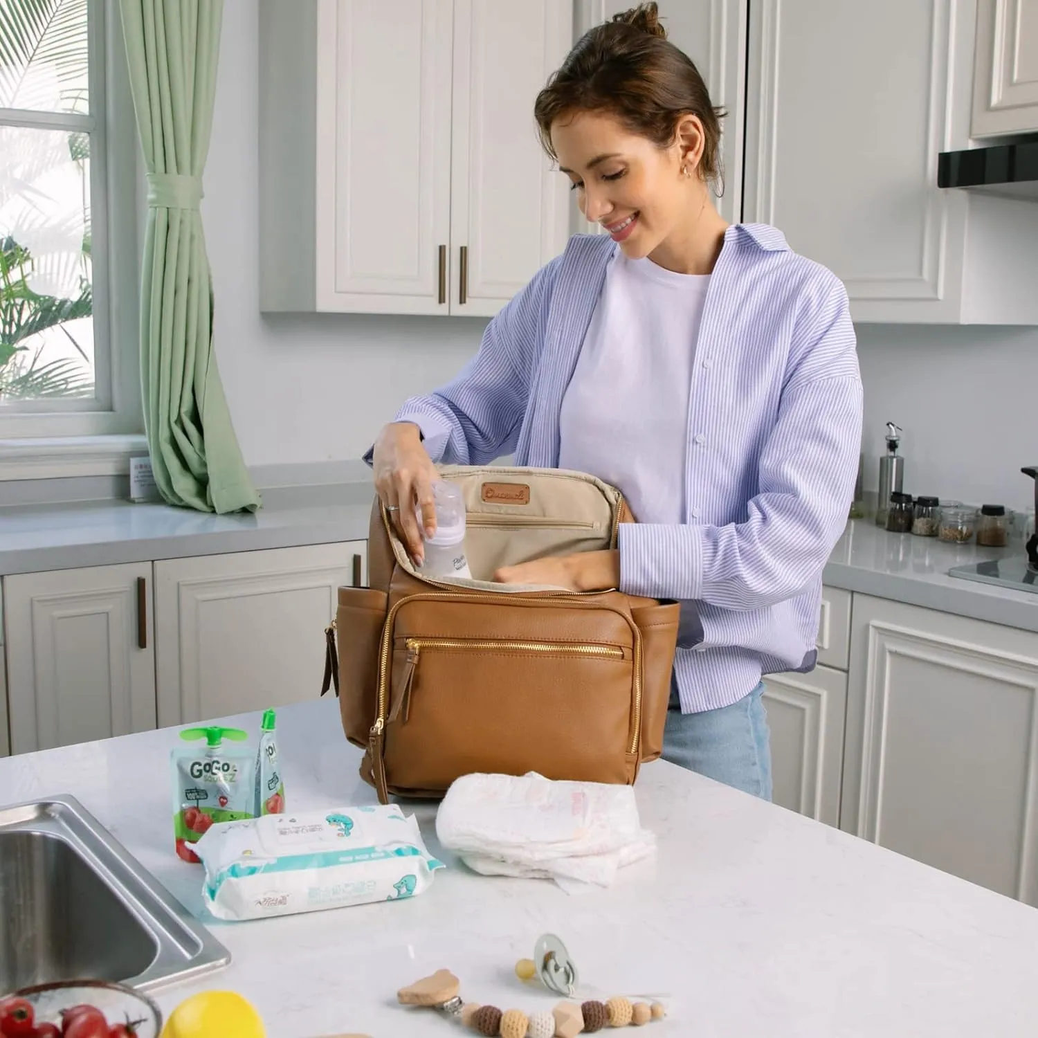 Diaper Bag Backpack Large Baby Diaper Bag Leather with 17 Diaper Bag Organizing Pouches,Changing Pad,Stroller Straps,4 Insulated Pockets,Brown