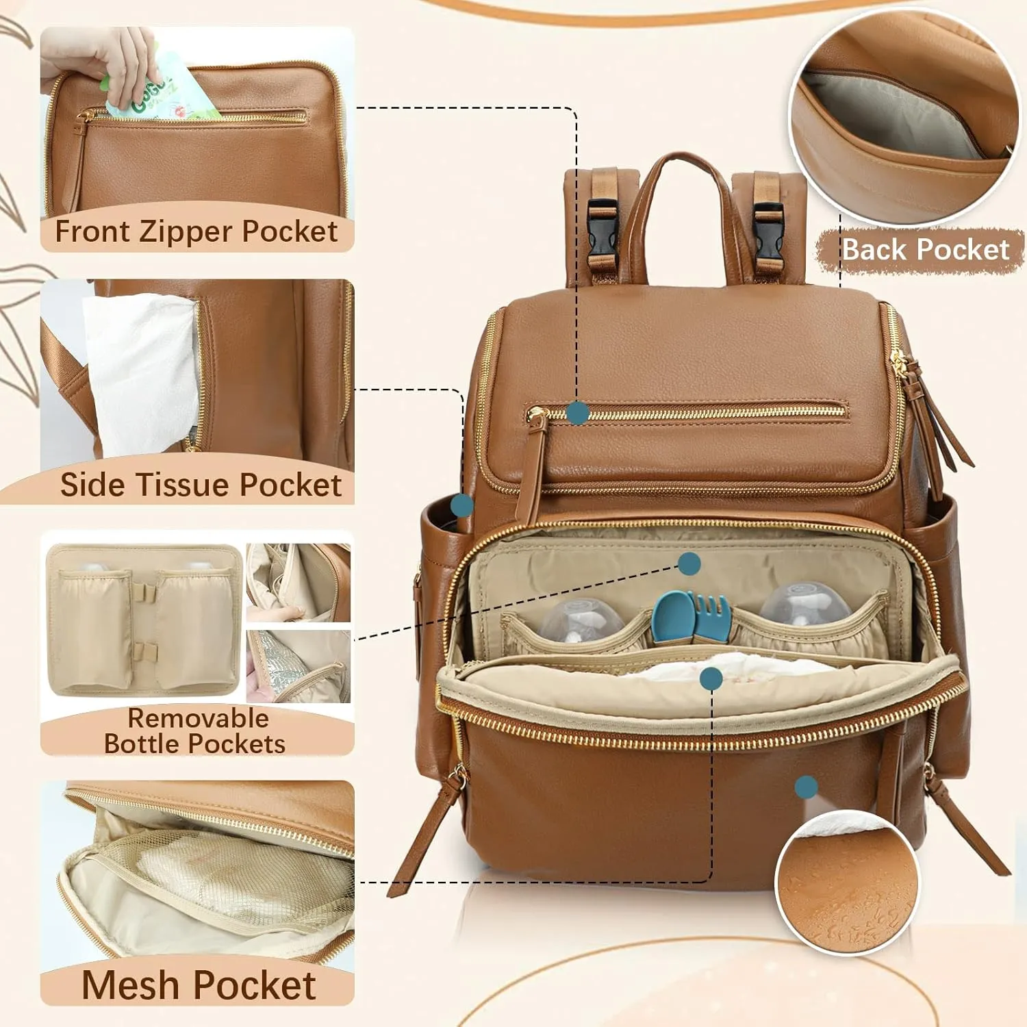 Diaper Bag Backpack Large Baby Diaper Bag Leather with 17 Diaper Bag Organizing Pouches,Changing Pad,Stroller Straps,4 Insulated Pockets,Brown