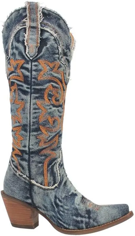 Dingo Womens Texas Tornado Denim Embroidered Snip Toe Casual Boots Mid Calf Mid Heel 2-3" - Blue