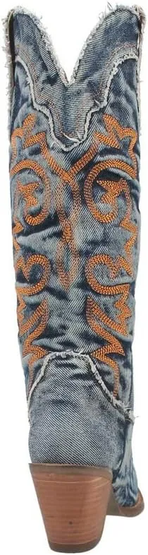Dingo Womens Texas Tornado Denim Embroidered Snip Toe Casual Boots Mid Calf Mid Heel 2-3" - Blue