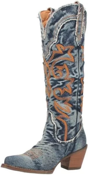Dingo Womens Texas Tornado Denim Embroidered Snip Toe Casual Boots Mid Calf Mid Heel 2-3" - Blue
