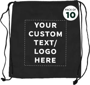 DISCOUNT PROMOS Custom Classic Polyester Drawstring Bags Set of 10, Personalized Bulk Pack - Bring Everywhere You Go, Great for Travelling, Gym and for Everyday Use - Black
