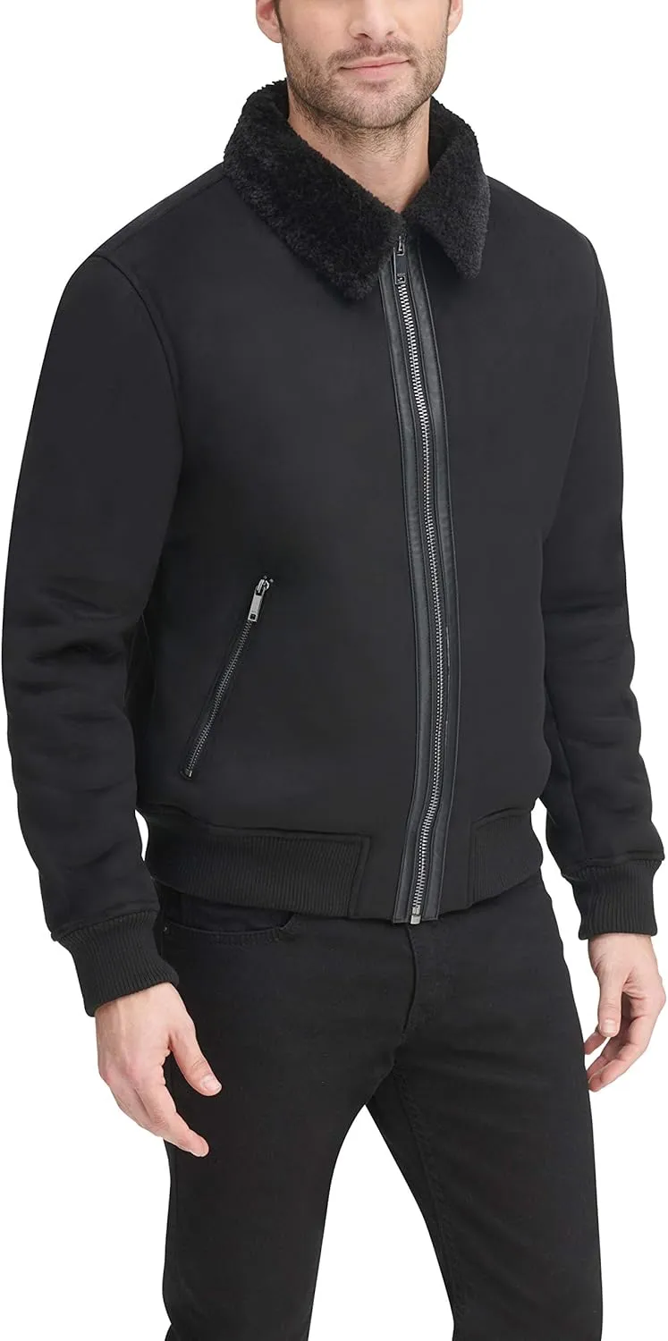 DKNY Men's Shearling Bomber Jacket with Faux Fur Collar
