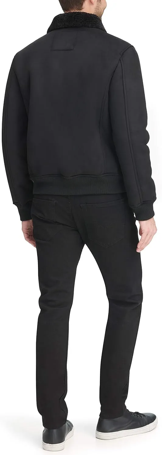 DKNY Men's Shearling Bomber Jacket with Faux Fur Collar