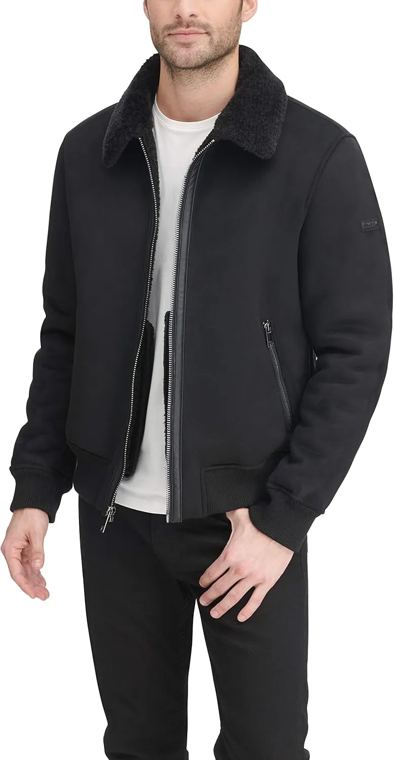 DKNY Men's Shearling Bomber Jacket with Faux Fur Collar