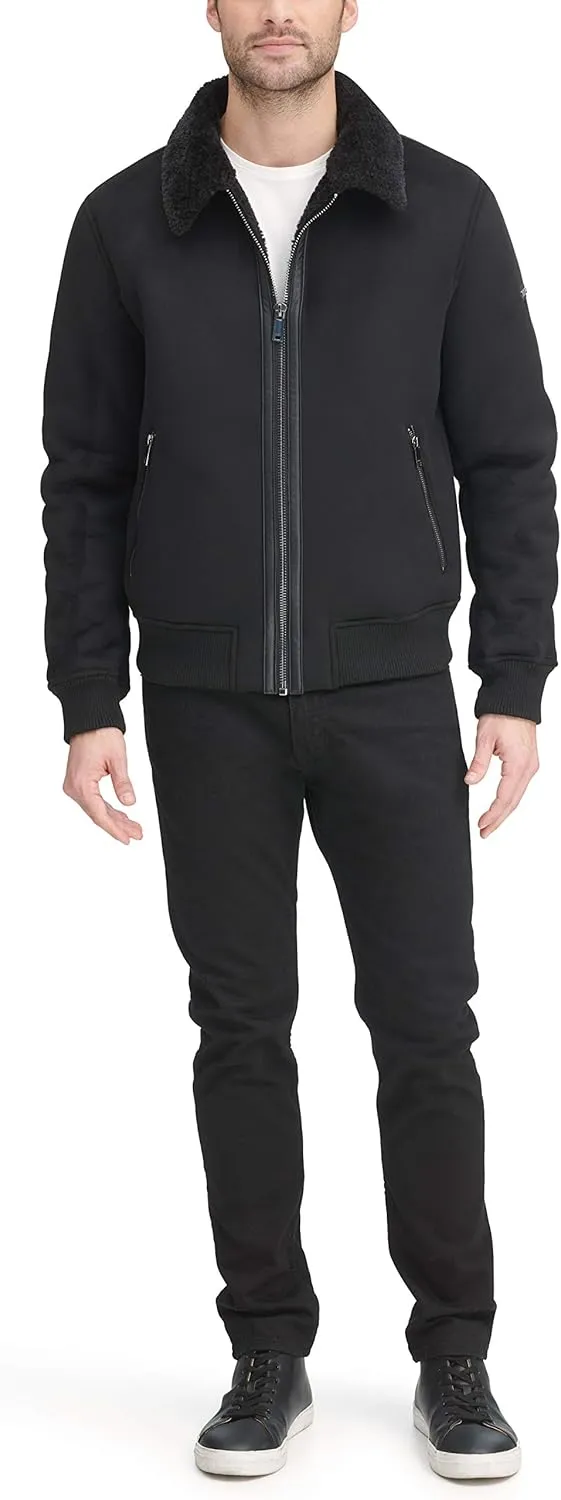 DKNY Men's Shearling Bomber Jacket with Faux Fur Collar