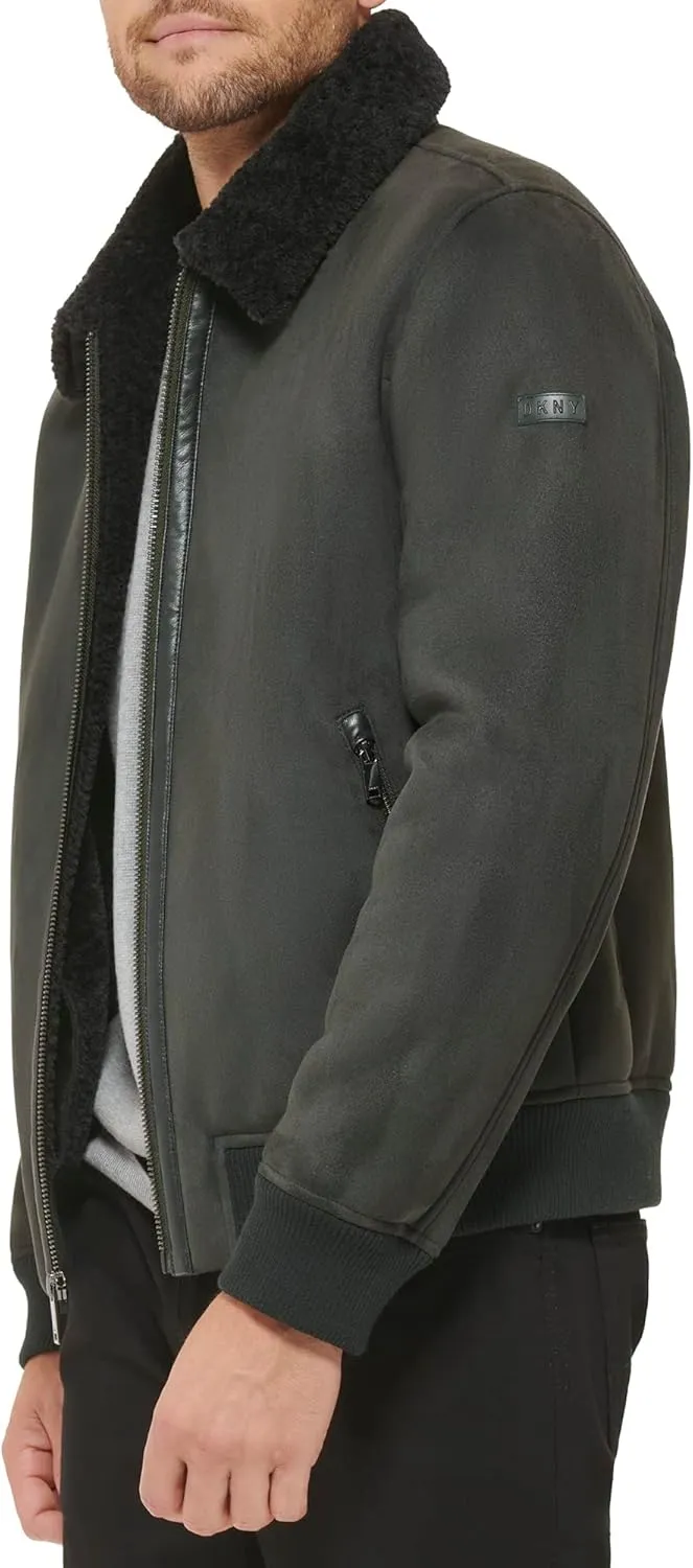 DKNY Men's Shearling Bomber Jacket with Faux Fur Collar