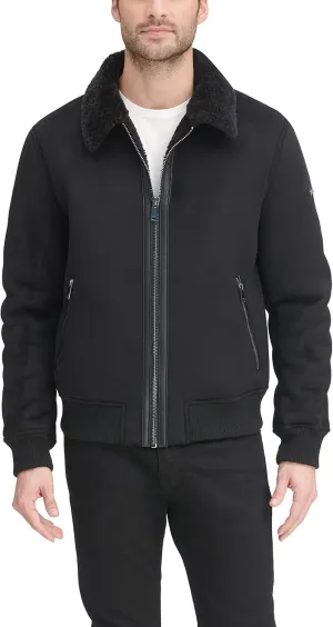 DKNY Men's Shearling Bomber Jacket with Faux Fur Collar
