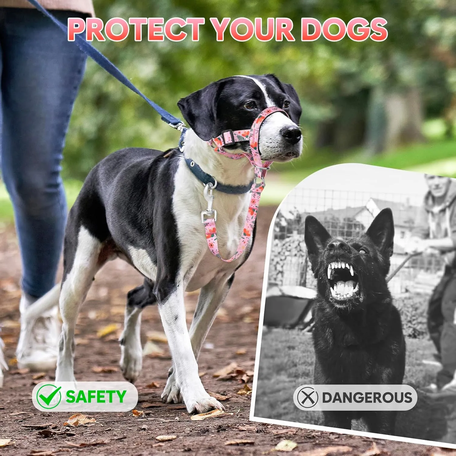 Dog Head Collar, Printed No-Pull Headcollar, Adjustable Dog Head Halter Gentle Lead with Safety Link, 3 Colors Muzzle Leash for Small Medium Large X-Large Dogs Easy Walks(Large, Mimosa)