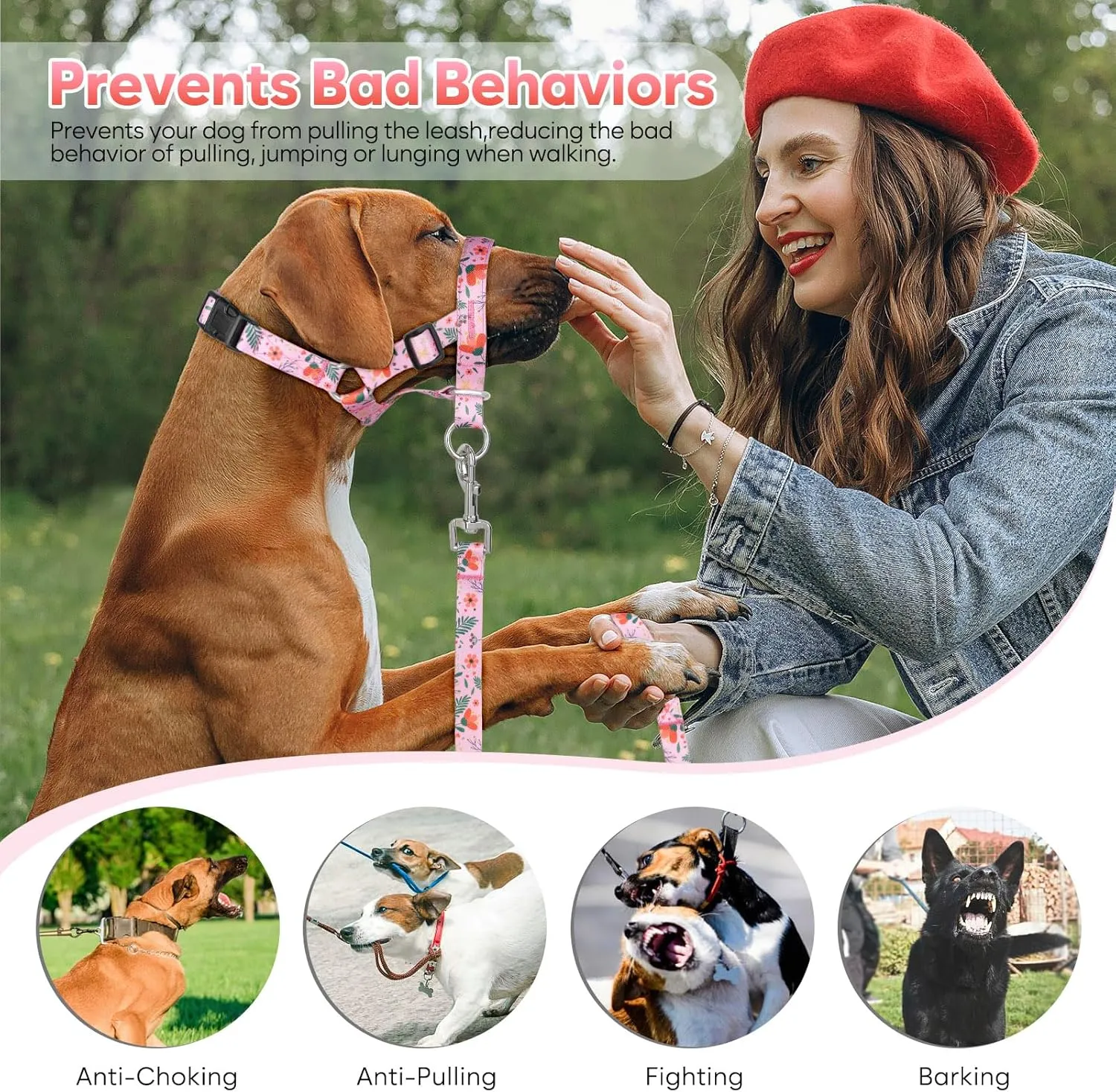 Dog Head Collar, Printed No-Pull Headcollar, Adjustable Dog Head Halter Gentle Lead with Safety Link, 3 Colors Muzzle Leash for Small Medium Large X-Large Dogs Easy Walks(Large, Mimosa)