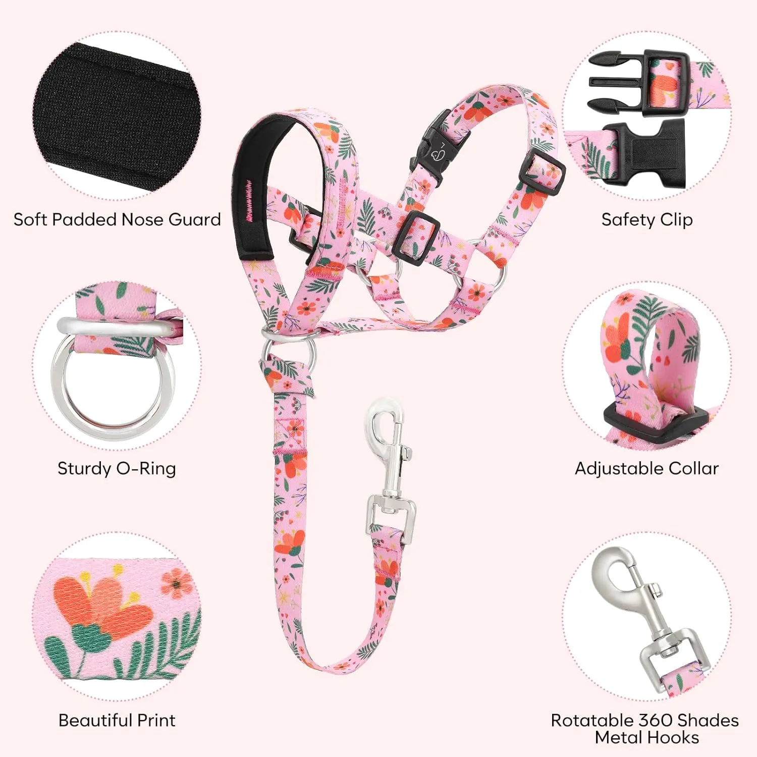 Dog Head Collar, Printed No-Pull Headcollar, Adjustable Dog Head Halter Gentle Lead with Safety Link, 3 Colors Muzzle Leash for Small Medium Large X-Large Dogs Easy Walks(Large, Mimosa)