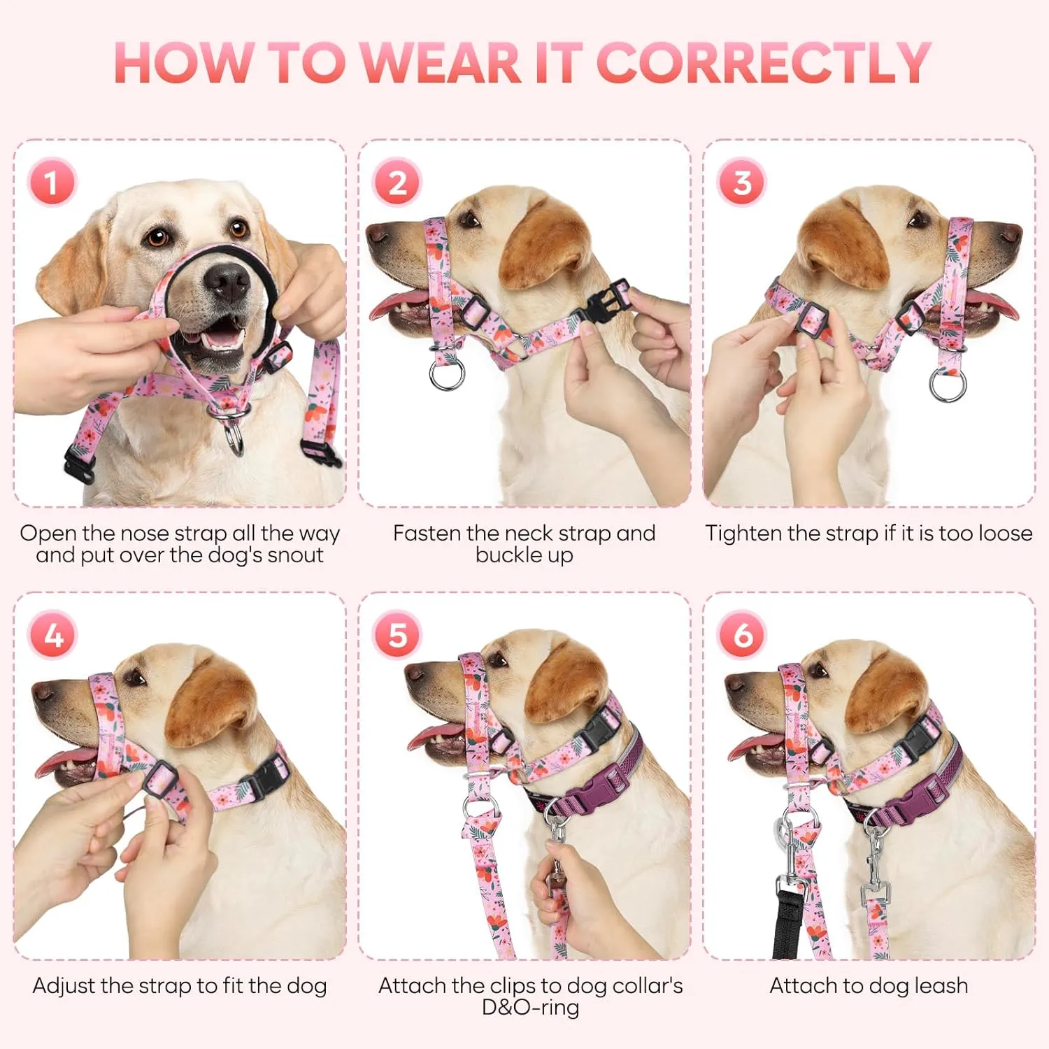 Dog Head Collar, Printed No-Pull Headcollar, Adjustable Dog Head Halter Gentle Lead with Safety Link, 3 Colors Muzzle Leash for Small Medium Large X-Large Dogs Easy Walks(Large, Mimosa)