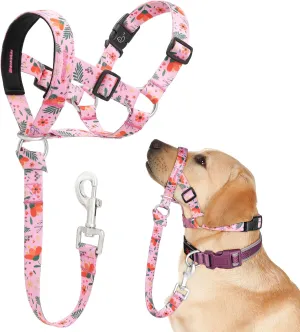 Dog Head Collar, Printed No-Pull Headcollar, Adjustable Dog Head Halter Gentle Lead with Safety Link, 3 Colors Muzzle Leash for Small Medium Large X-Large Dogs Easy Walks(Large, Mimosa)