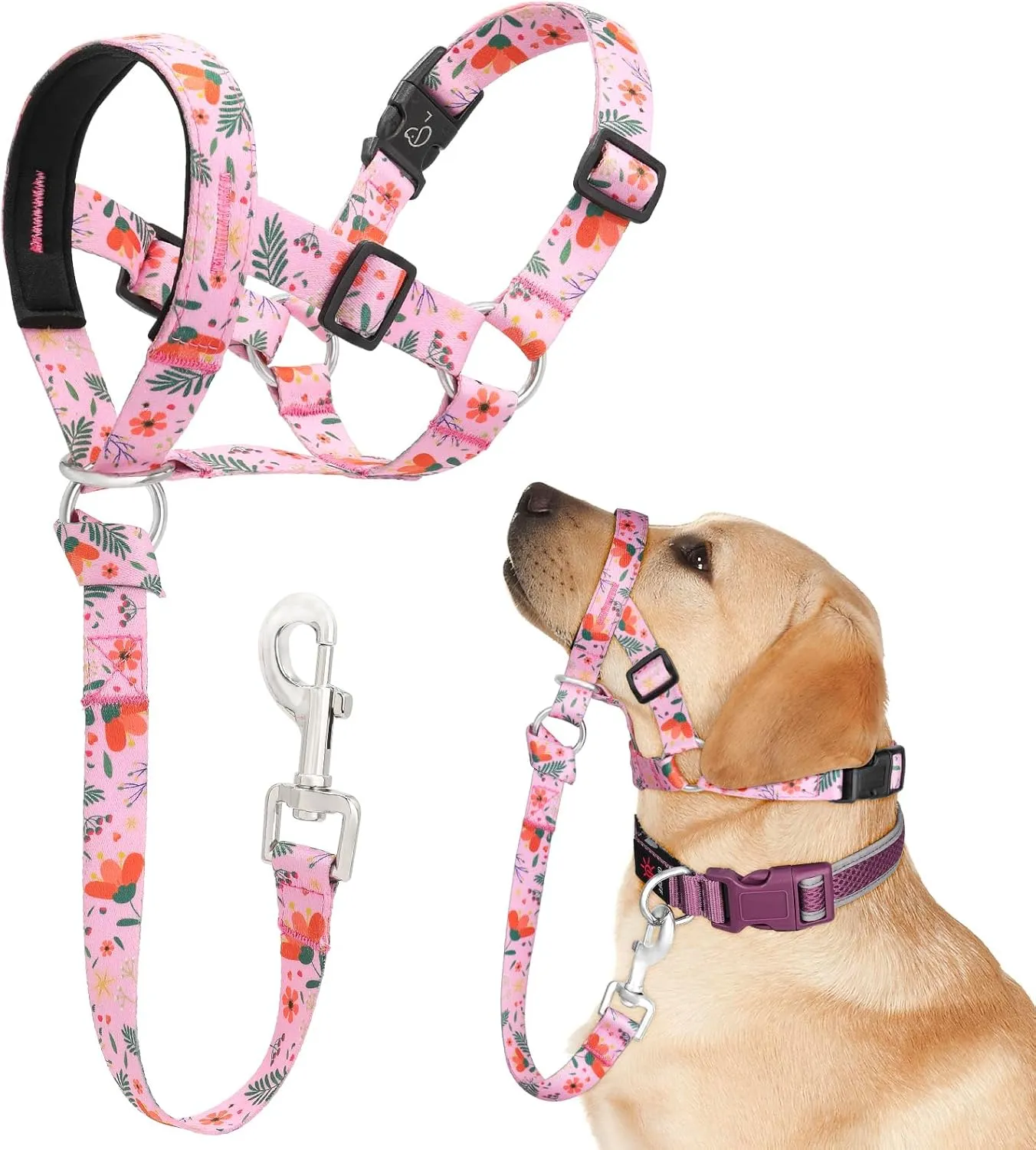 Dog Head Collar, Printed No-Pull Headcollar, Adjustable Dog Head Halter Gentle Lead with Safety Link, 3 Colors Muzzle Leash for Small Medium Large X-Large Dogs Easy Walks(Large, Mimosa)