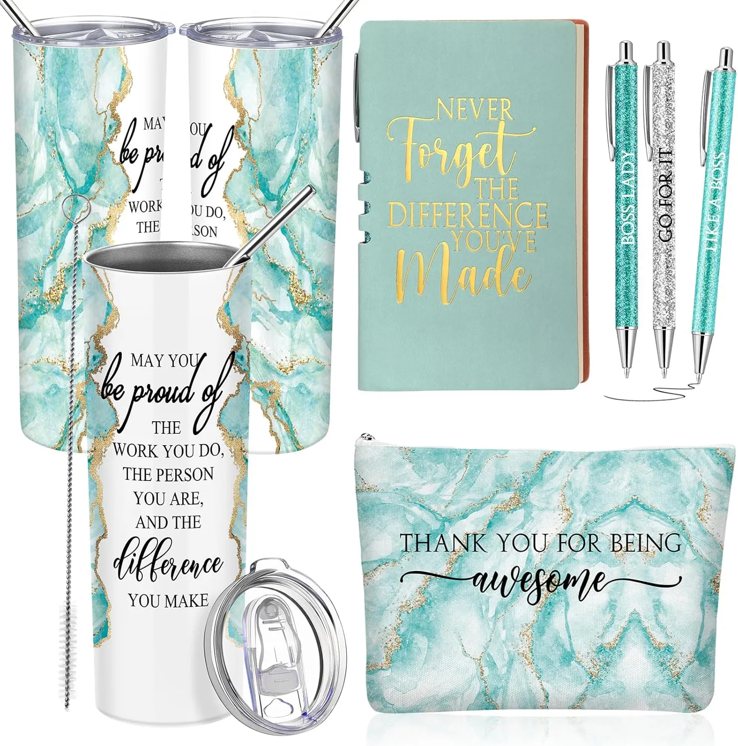 Domensi 6 Pcs Employee Appreciation Gift Set for Women Female Thank You Gift May You Be Proud 20 oz Rustic Blue Marble Sign Tumbler Makeup Bag Journal for Teacher Nurse Lady Work Business(Green)