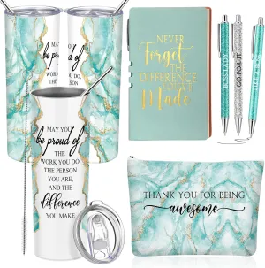 Domensi 6 Pcs Employee Appreciation Gift Set for Women Female Thank You Gift May You Be Proud 20 oz Rustic Blue Marble Sign Tumbler Makeup Bag Journal for Teacher Nurse Lady Work Business(Green)