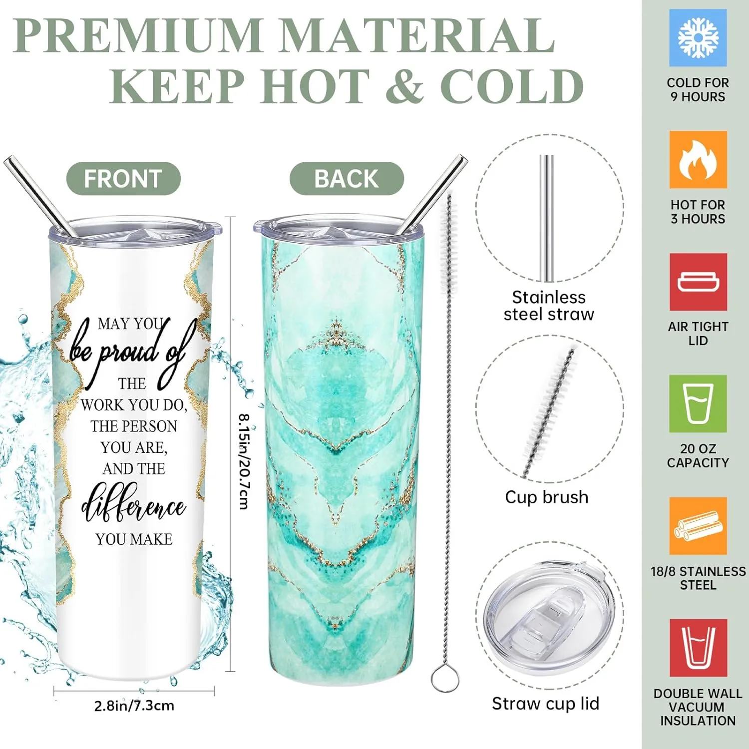 Domensi 6 Pcs Employee Appreciation Gift Set for Women Female Thank You Gift May You Be Proud 20 oz Rustic Blue Marble Sign Tumbler Makeup Bag Journal for Teacher Nurse Lady Work Business(Green)