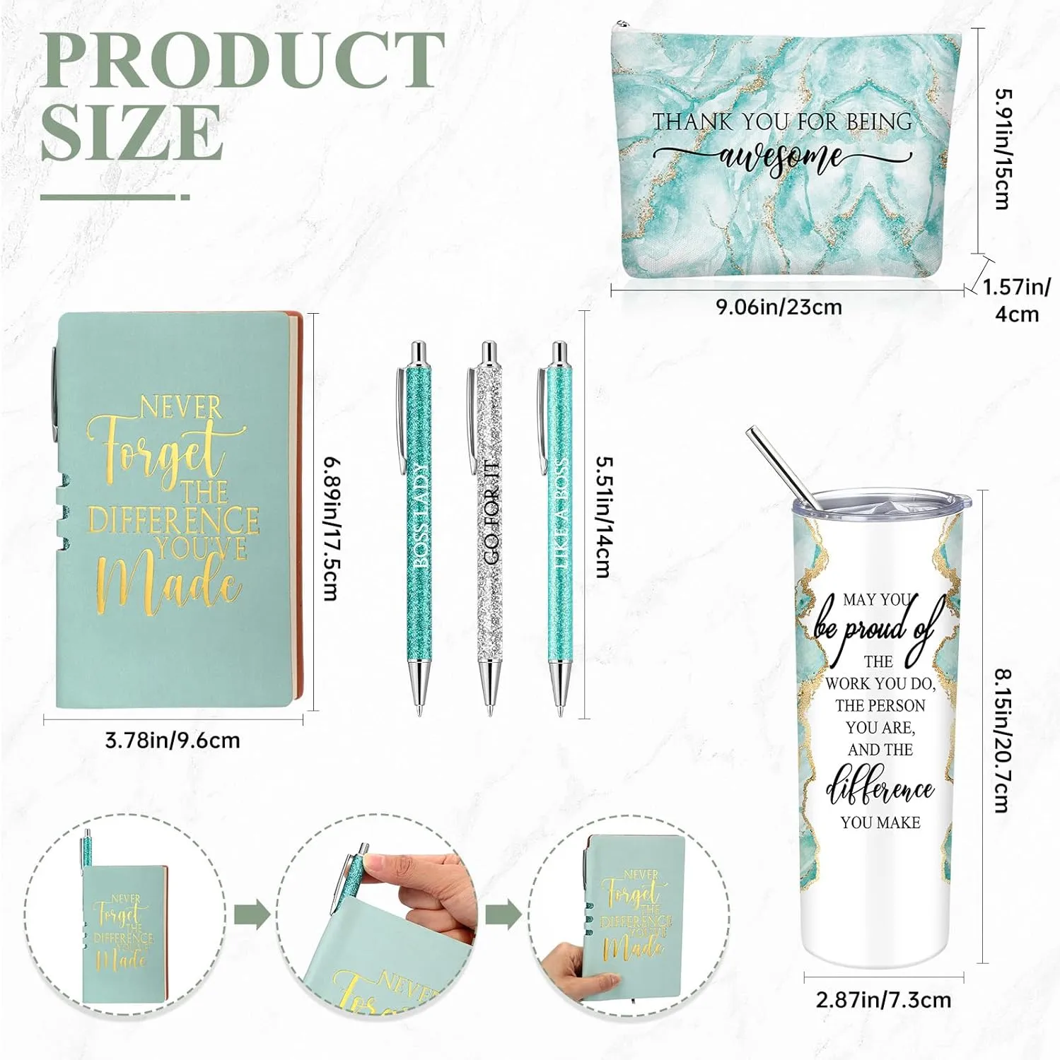Domensi 6 Pcs Employee Appreciation Gift Set for Women Female Thank You Gift May You Be Proud 20 oz Rustic Blue Marble Sign Tumbler Makeup Bag Journal for Teacher Nurse Lady Work Business(Green)