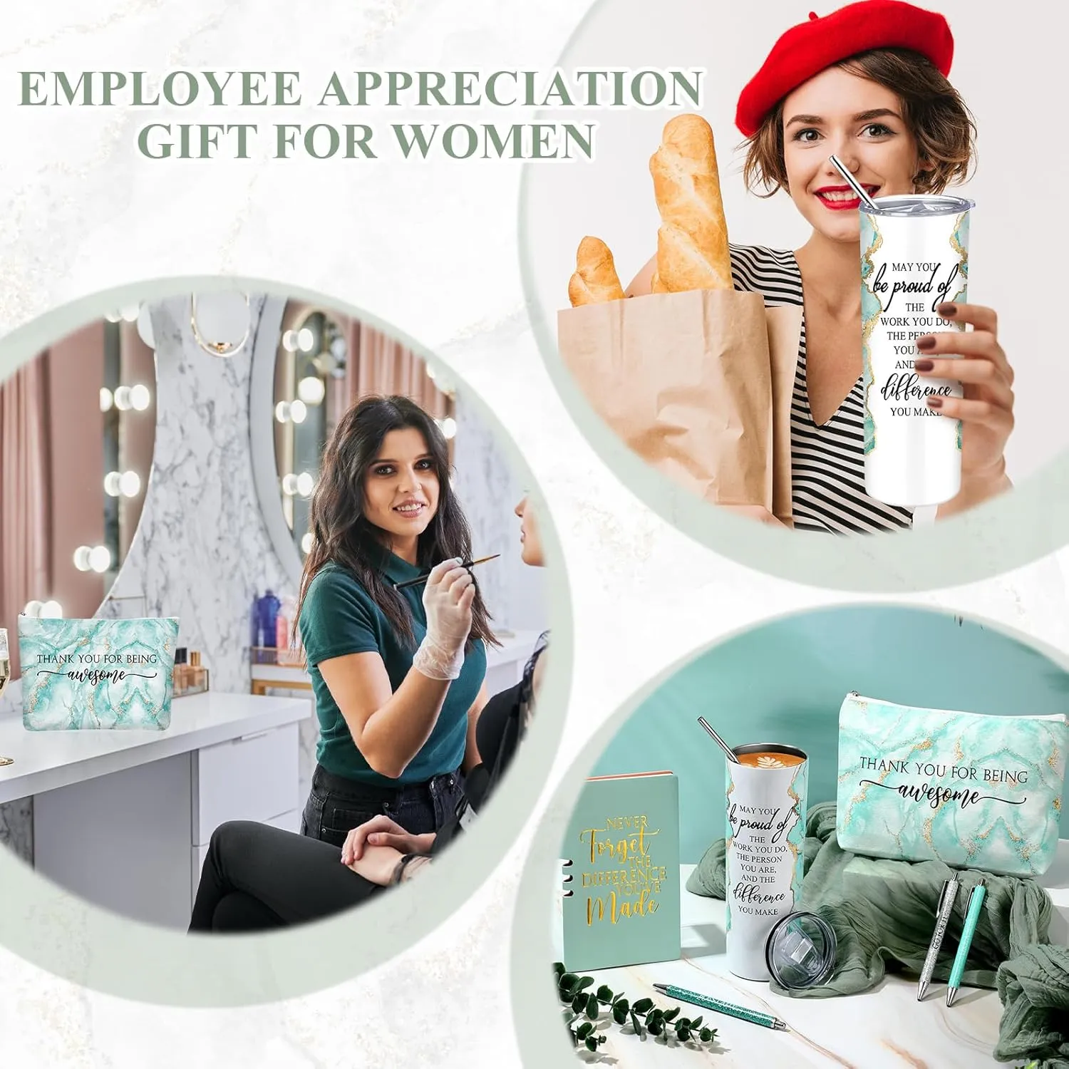 Domensi 6 Pcs Employee Appreciation Gift Set for Women Female Thank You Gift May You Be Proud 20 oz Rustic Blue Marble Sign Tumbler Makeup Bag Journal for Teacher Nurse Lady Work Business(Green)