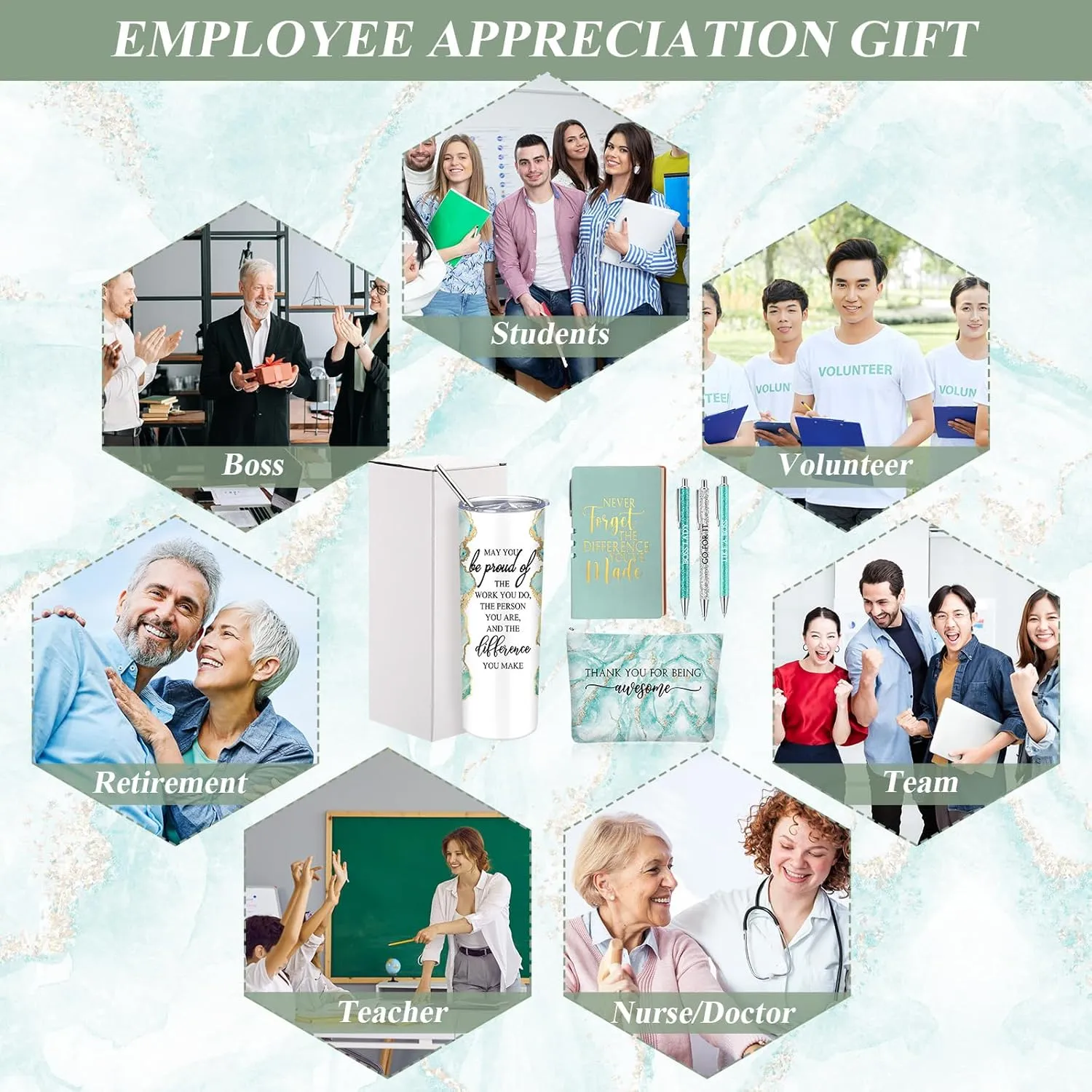 Domensi 6 Pcs Employee Appreciation Gift Set for Women Female Thank You Gift May You Be Proud 20 oz Rustic Blue Marble Sign Tumbler Makeup Bag Journal for Teacher Nurse Lady Work Business(Green)