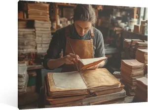 dpuczwvry Captivating Graceful Pictorial Wall Art Decor Leatherworker Stitches a Book in a Sunlit Studio Rustic For Home School Living Room Impressionist Wall Decor Framed.