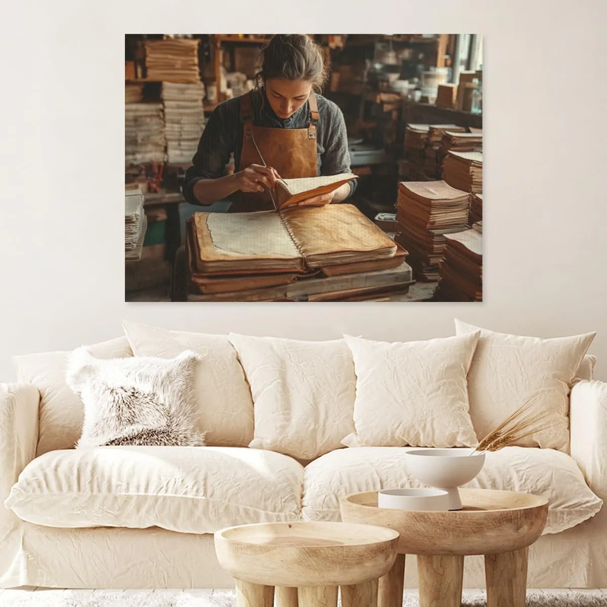 dpuczwvry Captivating Graceful Pictorial Wall Art Decor Leatherworker Stitches a Book in a Sunlit Studio Rustic For Home School Living Room Impressionist Wall Decor Framed.