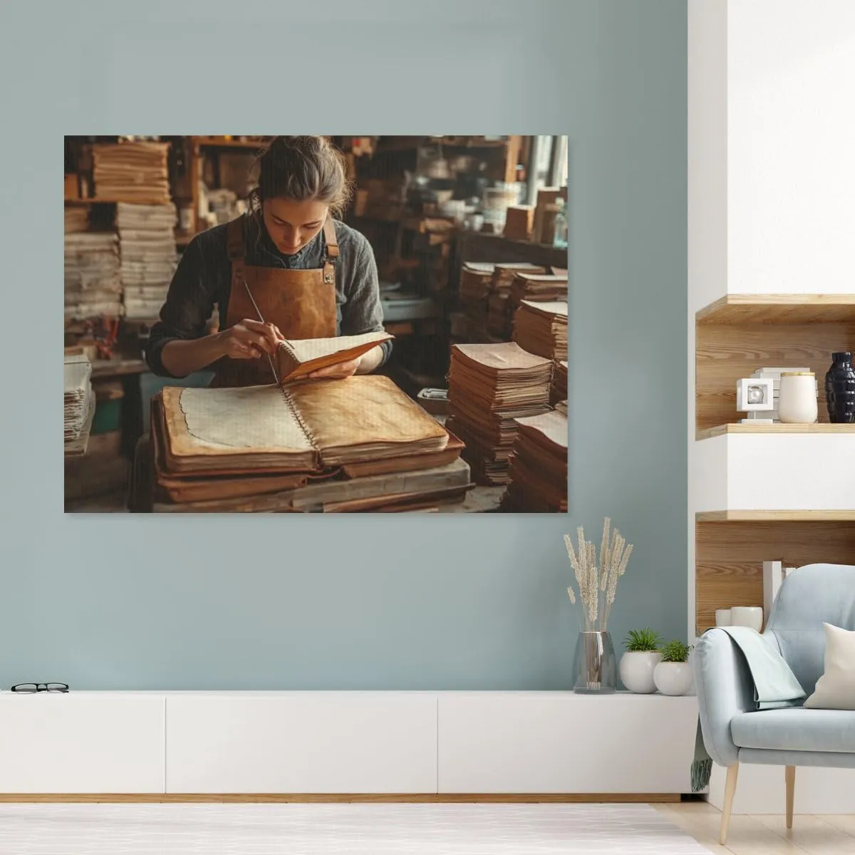 dpuczwvry Captivating Graceful Pictorial Wall Art Decor Leatherworker Stitches a Book in a Sunlit Studio Rustic For Home School Living Room Impressionist Wall Decor Framed.