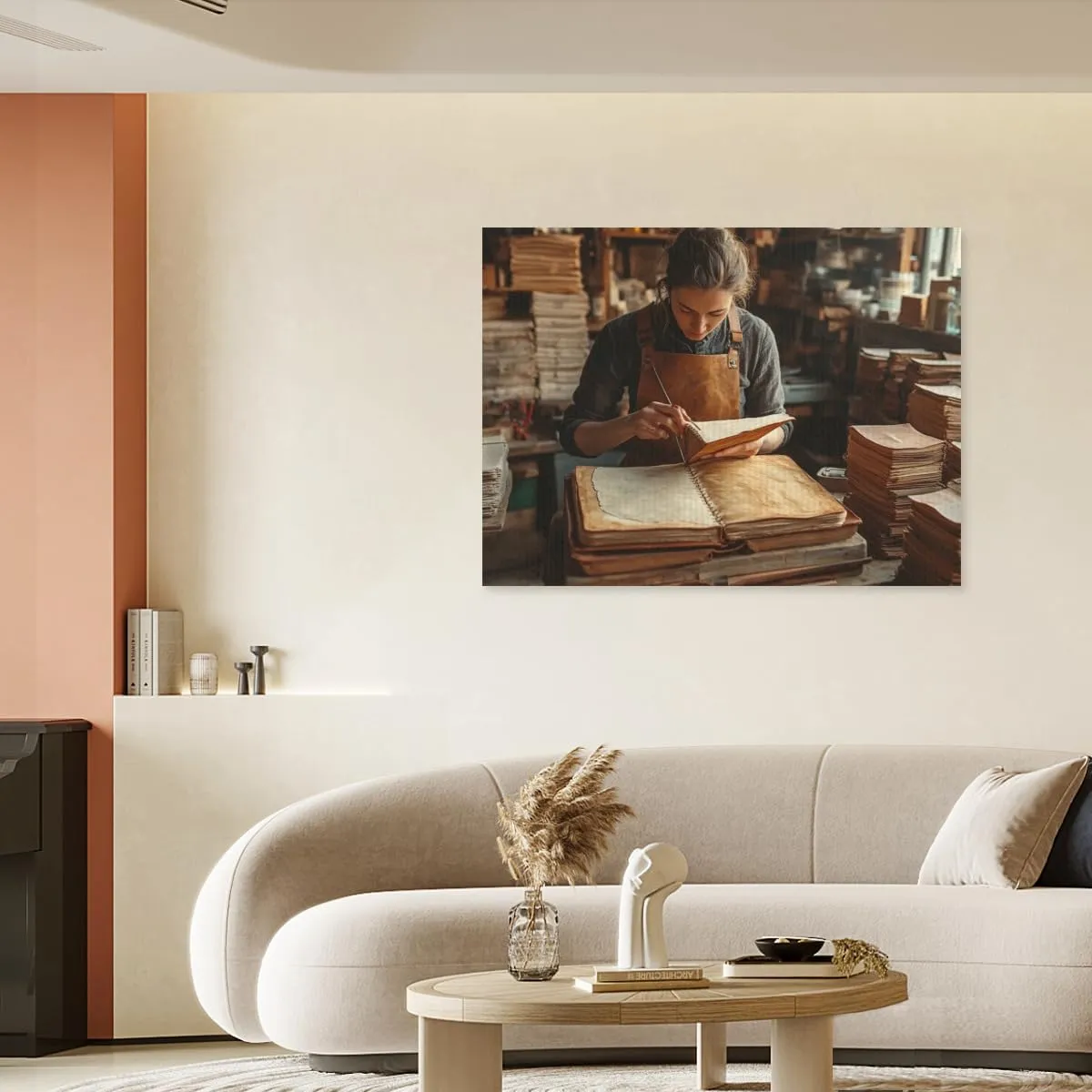 dpuczwvry Captivating Graceful Pictorial Wall Art Decor Leatherworker Stitches a Book in a Sunlit Studio Rustic For Home School Living Room Impressionist Wall Decor Framed.