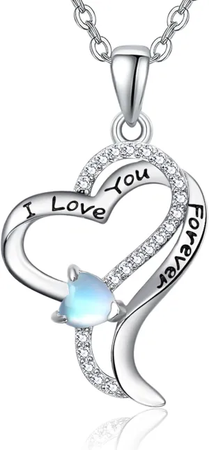 Dreamboat Heart Necklace for Women 925 Sterling Silver Moonstone Double Heart Pendant I Love You Forever Necklaces Wedding Birthday Jewelry Gifts for Her
