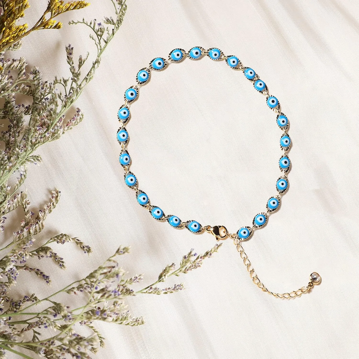 Dremmy Studios Simple Gold Chain Anklet,14k Gold/Silver Plated Dainty Disc Evil Eye Summer Beach Ankle Bracelet Jewelry for Women