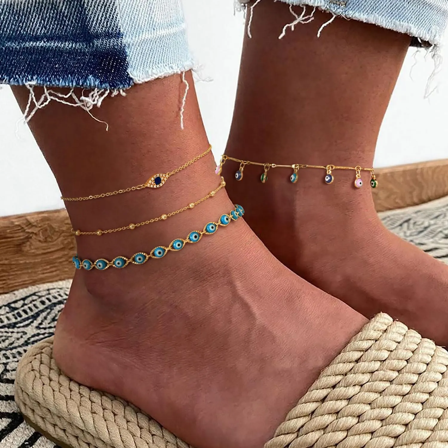 Dremmy Studios Simple Gold Chain Anklet,14k Gold/Silver Plated Dainty Disc Evil Eye Summer Beach Ankle Bracelet Jewelry for Women