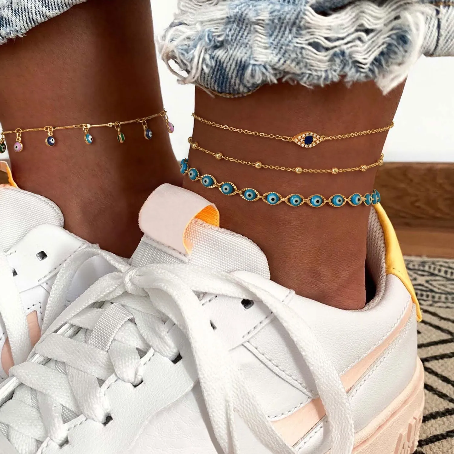 Dremmy Studios Simple Gold Chain Anklet,14k Gold/Silver Plated Dainty Disc Evil Eye Summer Beach Ankle Bracelet Jewelry for Women
