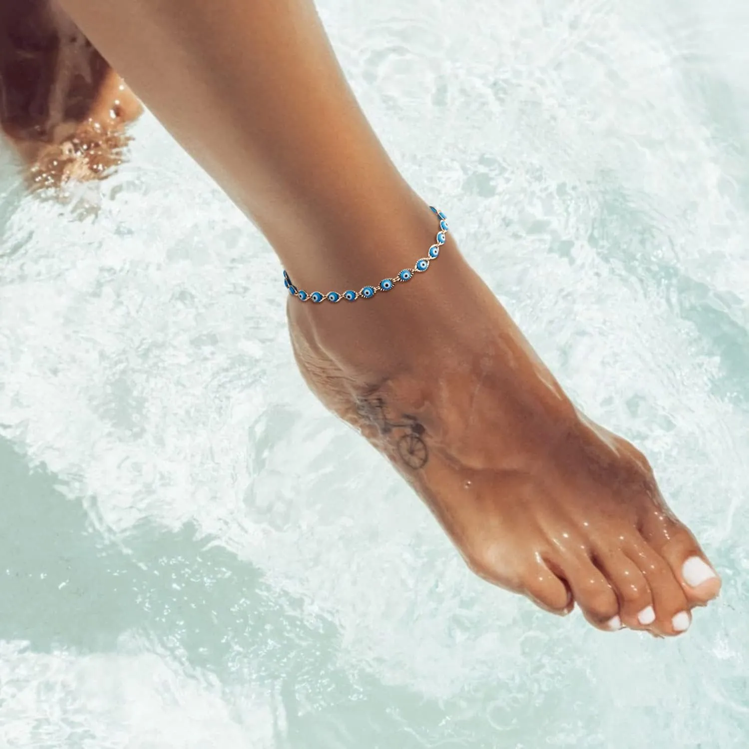 Dremmy Studios Simple Gold Chain Anklet,14k Gold/Silver Plated Dainty Disc Evil Eye Summer Beach Ankle Bracelet Jewelry for Women