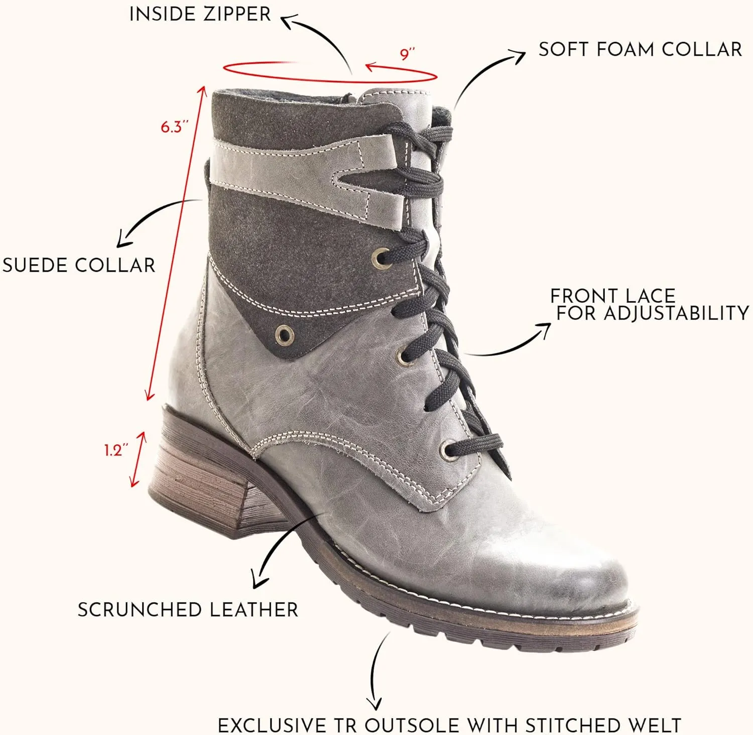 Dromedaris Women's Kara Combat Lace-up Comfort Boot with Inside Zip