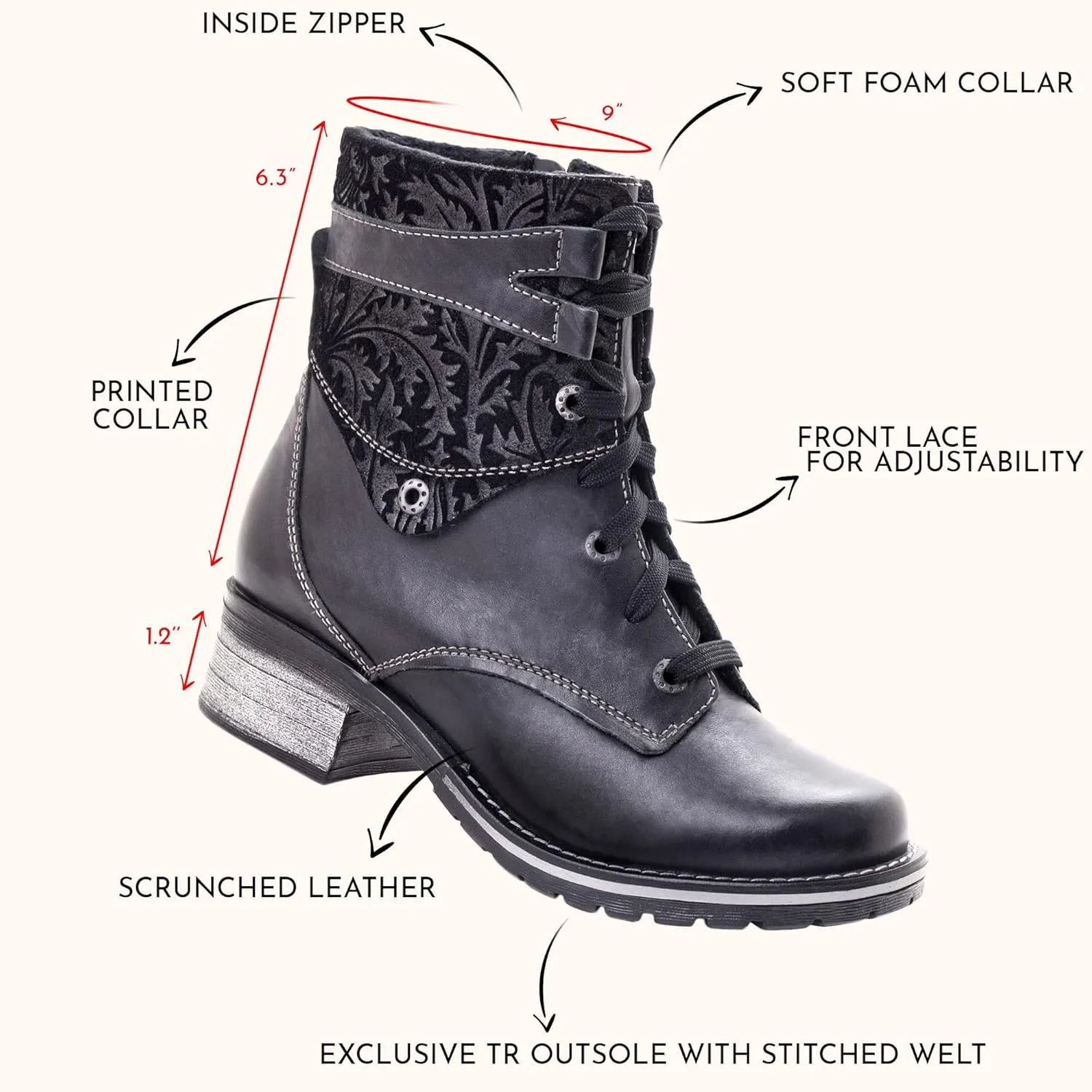 Dromedaris Women's Kara Combat Lace-up Comfort Boot with Inside Zip