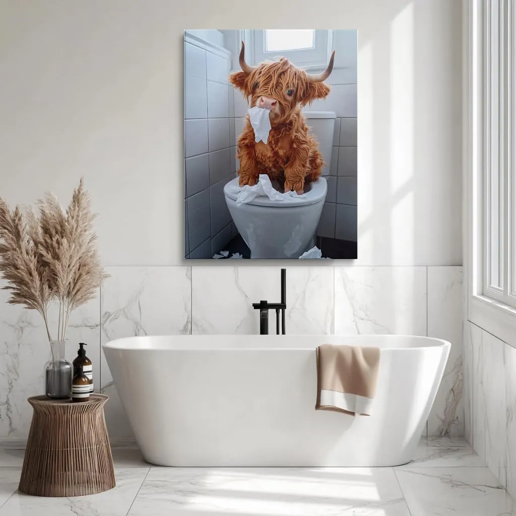 DUFIPOR Cute Highland Cow Bathroom Canvas Wall Art Funny Animal Sitting on the toilet Modern Rustic Prints for Bathroom Decor Framed Ready To Hang (16X24)