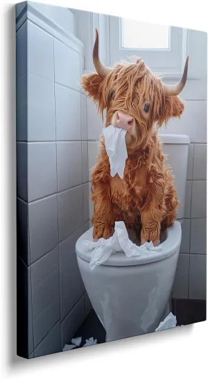 DUFIPOR Cute Highland Cow Bathroom Canvas Wall Art Funny Animal Sitting on the toilet Modern Rustic Prints for Bathroom Decor Framed Ready To Hang (16X24)