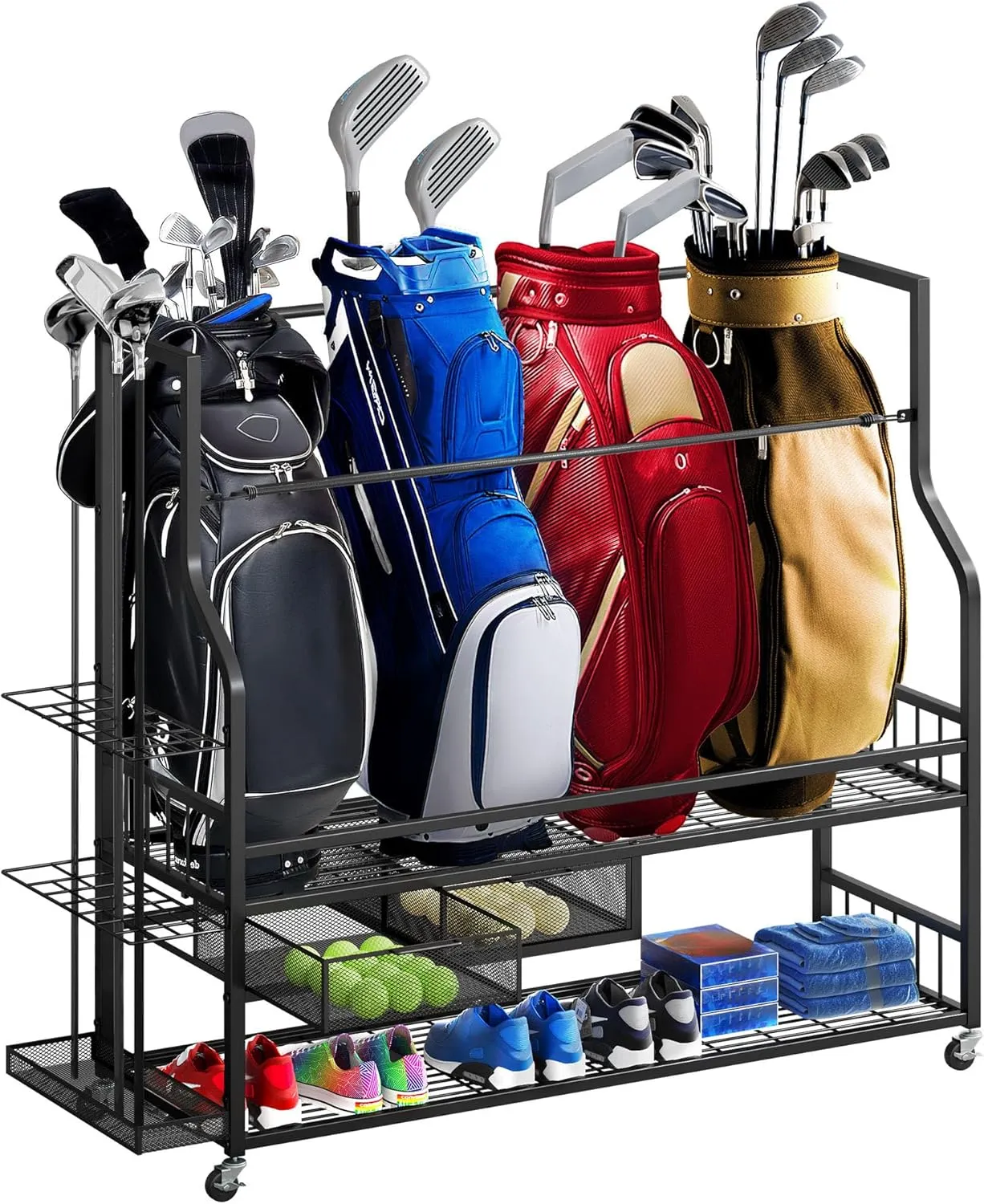DWVO Golf Bag Organizer for Garage, Golf Storage Organizer w/Wheels for Garage Club and Shed, Golf Bag Storage Rack w/Drawer for Golf Bags, Clubs, Balls and Other Equipment Accessories