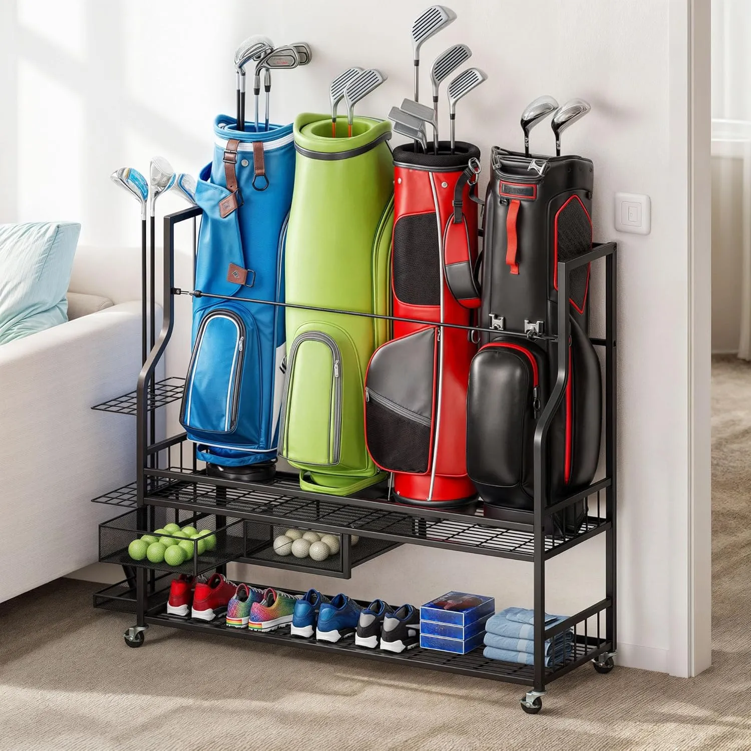 DWVO Golf Bag Organizer for Garage, Golf Storage Organizer w/Wheels for Garage Club and Shed, Golf Bag Storage Rack w/Drawer for Golf Bags, Clubs, Balls and Other Equipment Accessories