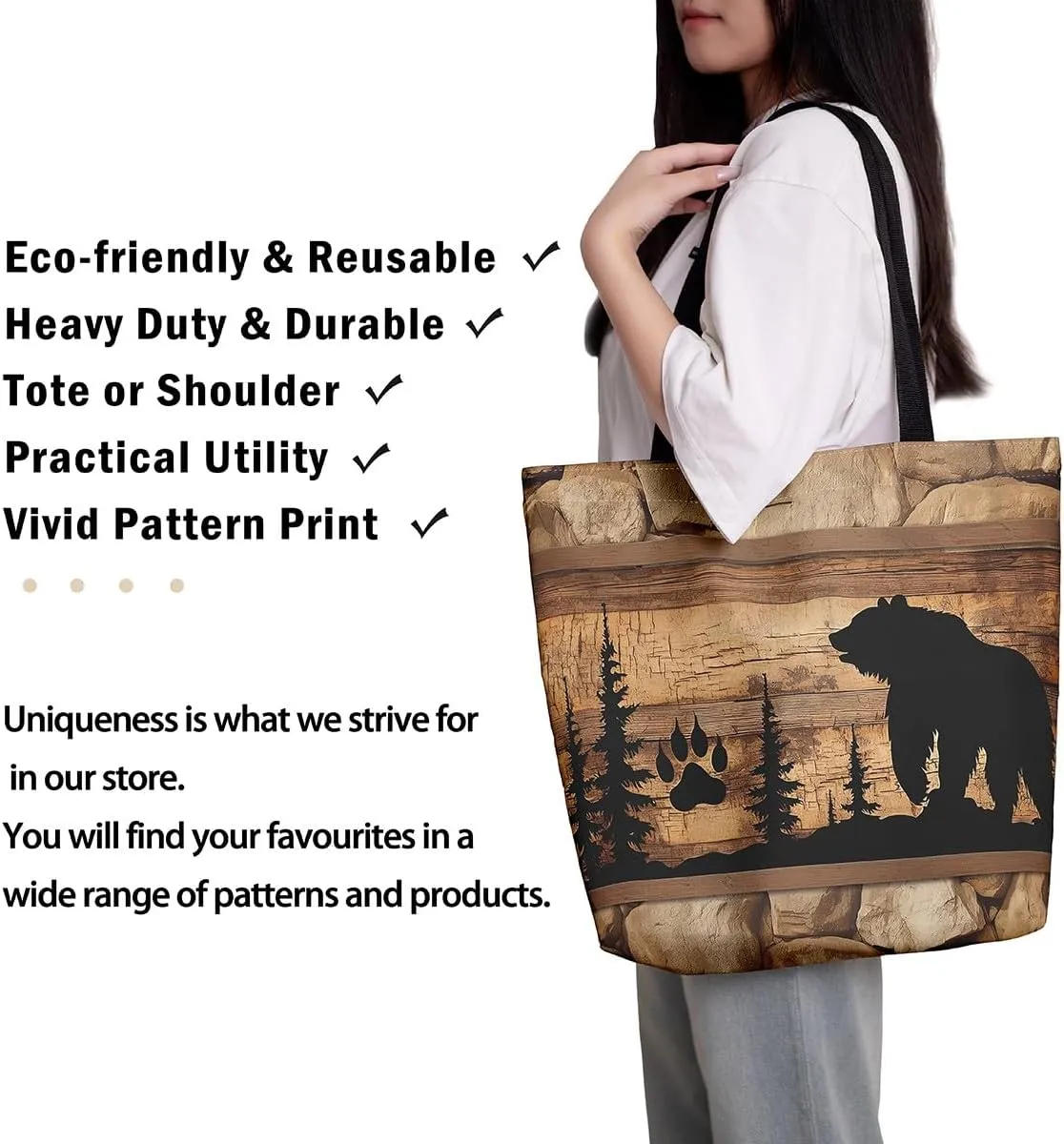 Elk Deer Canvas Tote Bag for Women,Rustic Rainbow Reindeer Travel Shopping Bag Woodland Animals Shoulder Bag