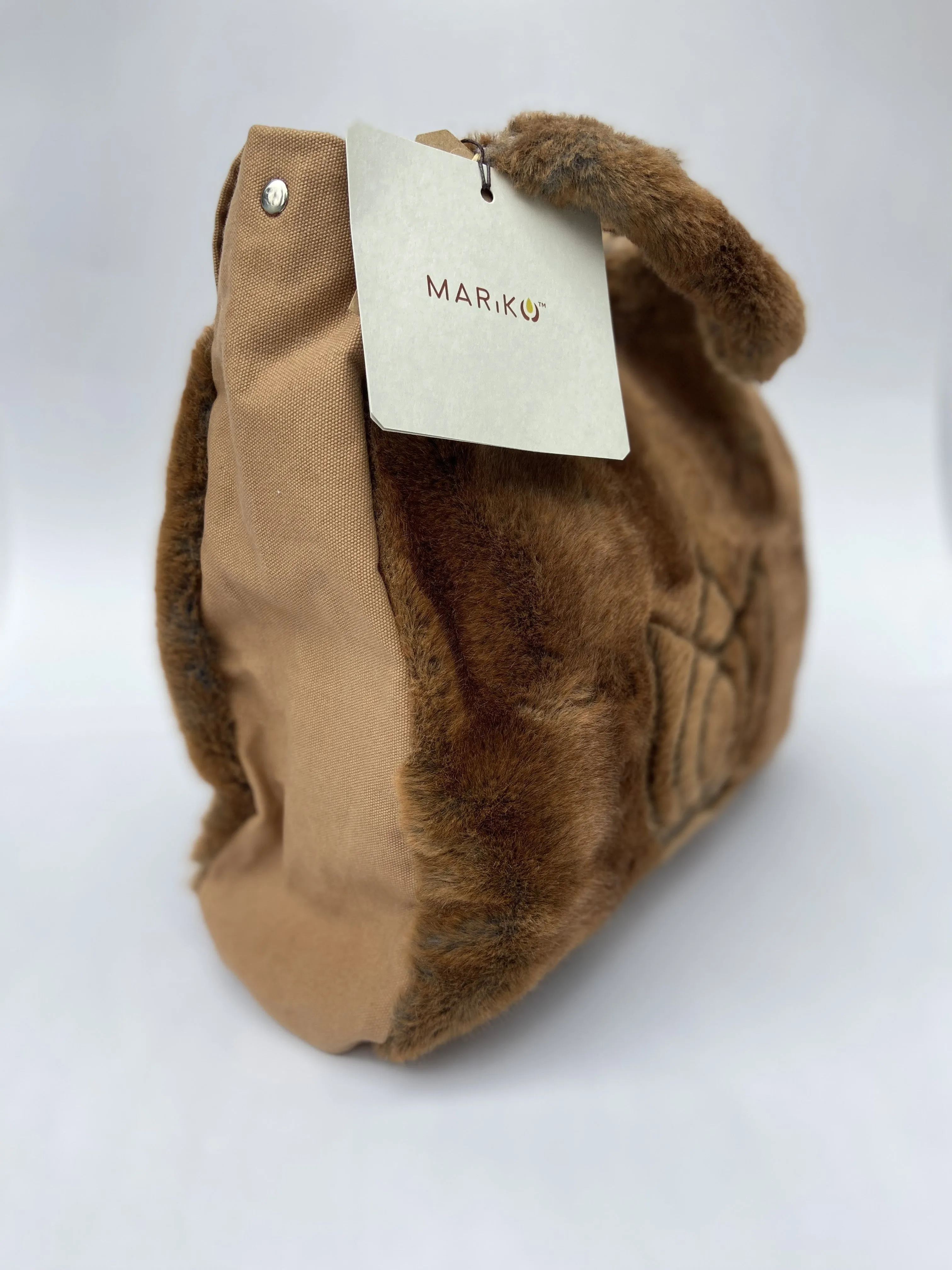 Embroidered Faux Fur Tote With Canvas Sides