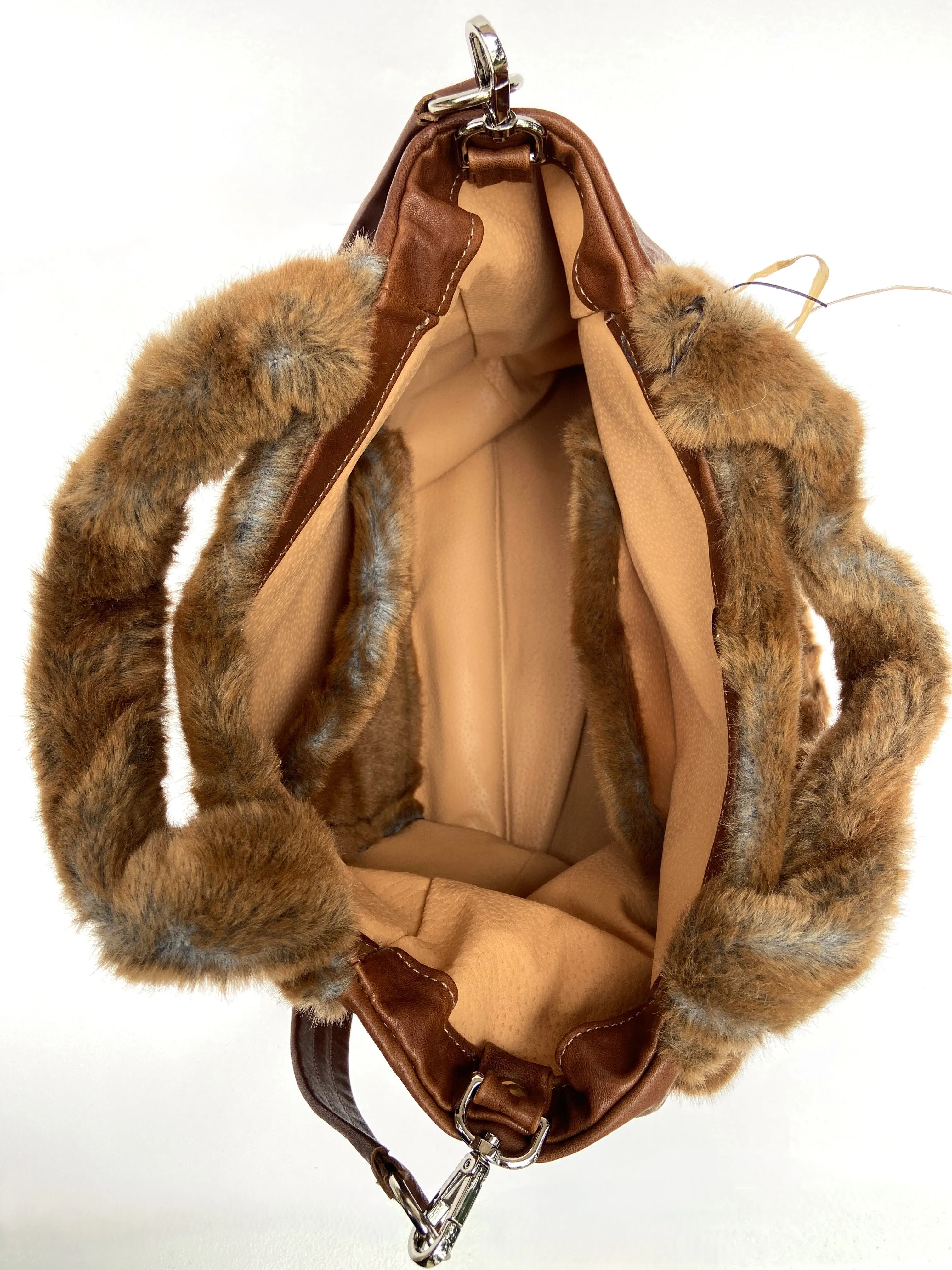 Embroidered Faux Fur Tote With Canvas Sides
