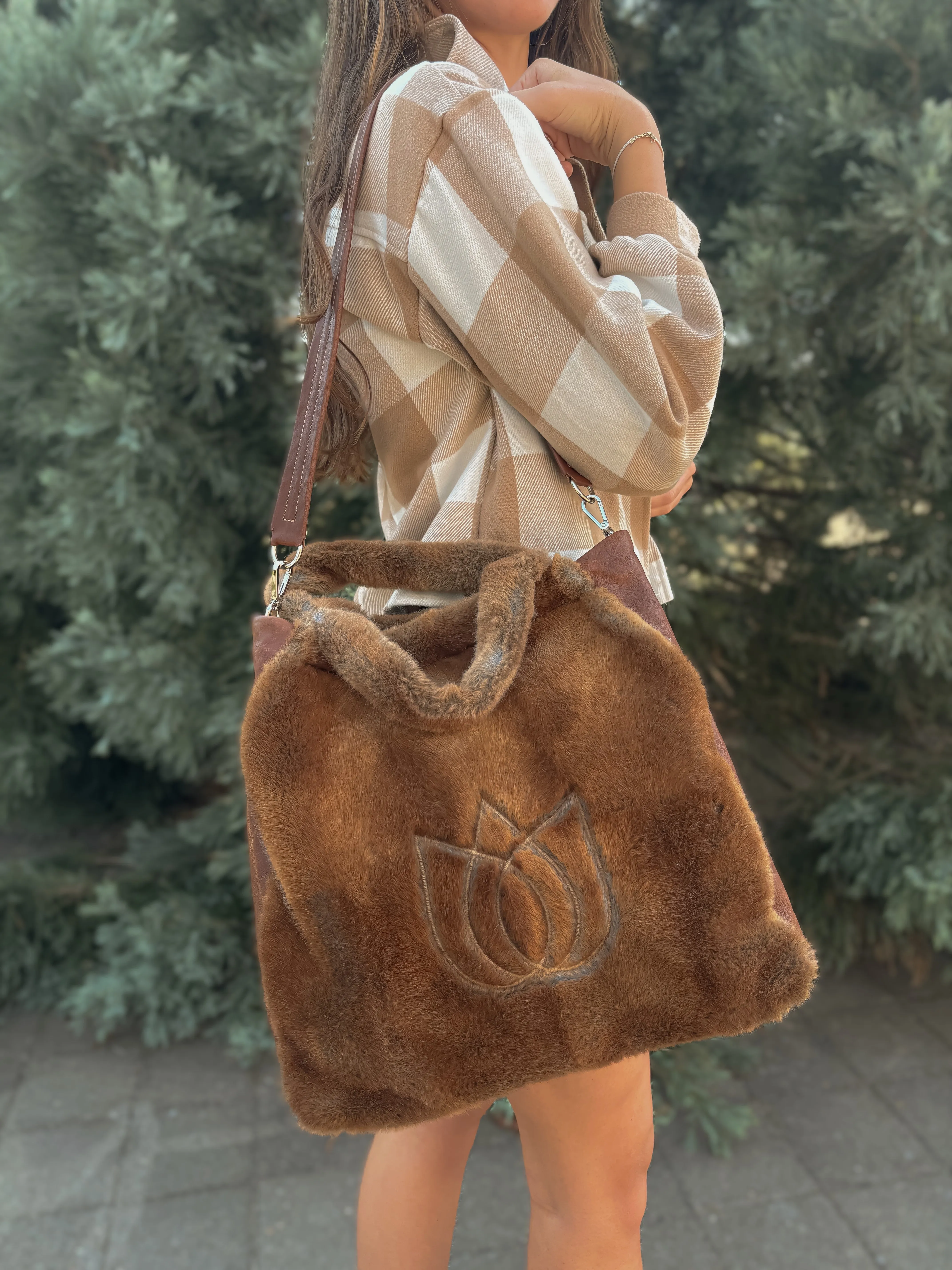 Embroidered Faux Fur Tote With Canvas Sides