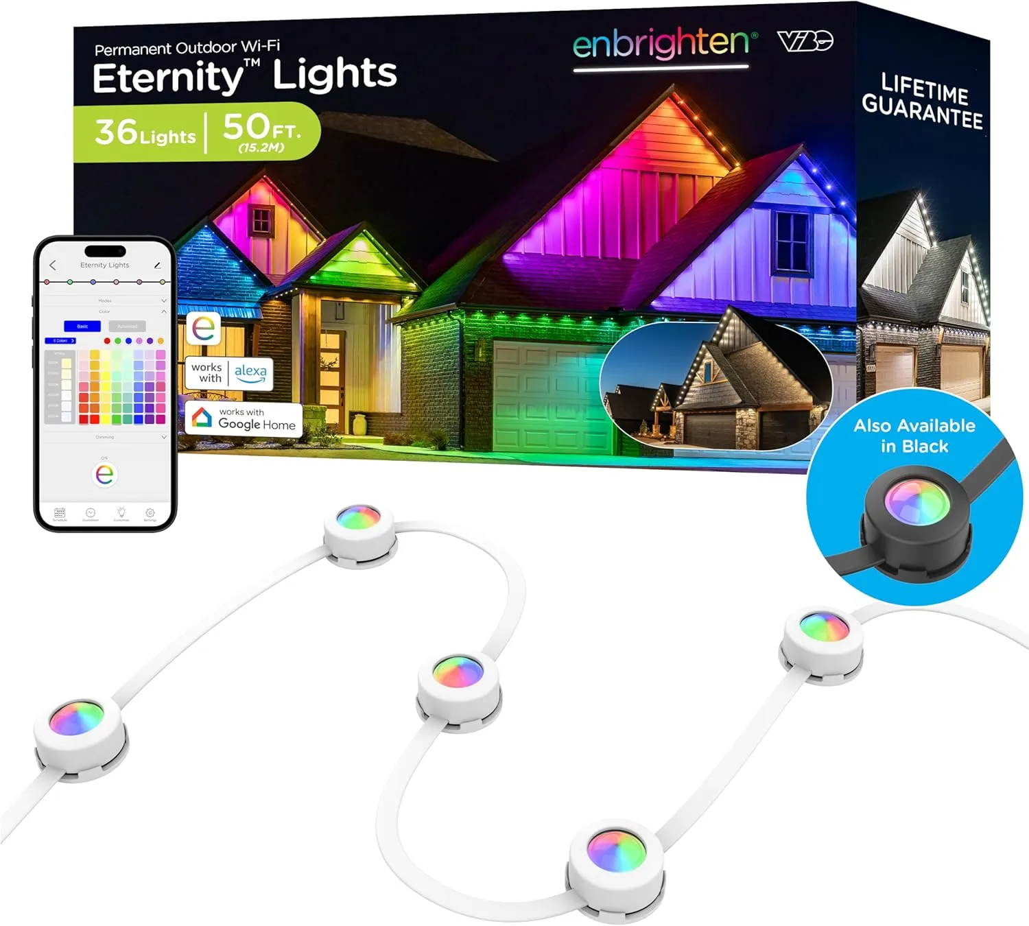 Enbrighten Vibe Eternity Permanent Outdoor Lights, 50ft, 36 RGBWIC LEDs, Smart Everyday Accent Lights, IP67 Waterproof, Compatible with Alexa, Google Home, White, 81102